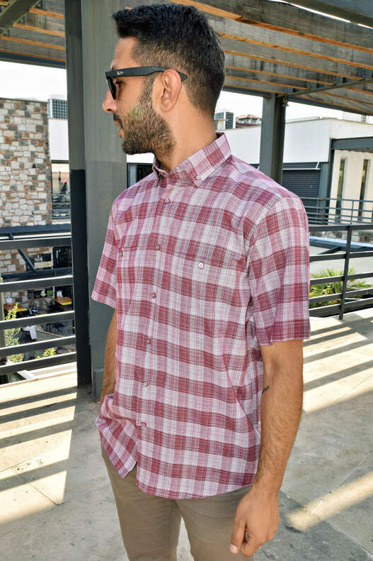 RED CREAM PLAID SHORT SLEEVE MEN'S SHIRT