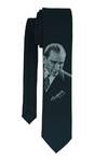 ATATÜRK PORTRE VE İMZA DESENLİ MİKROFİBER DOKUMA KLASİK KESİM SİYAH KRAVAT - 1