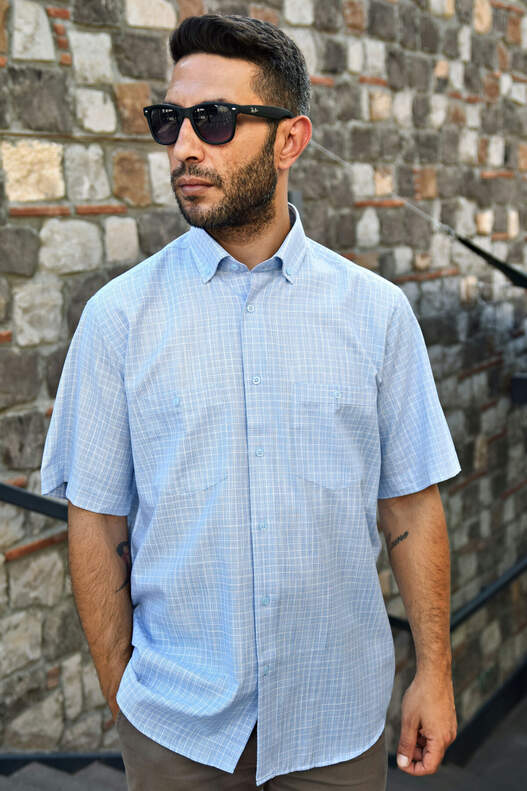 Yıldız Blue White Checked Short Sleeve Men's Shirt